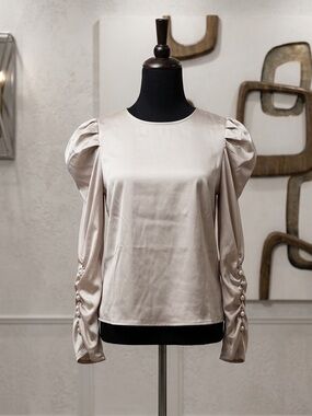 Calliope Satin champagne Top size medium pearls &rushing on sleeve puff holders